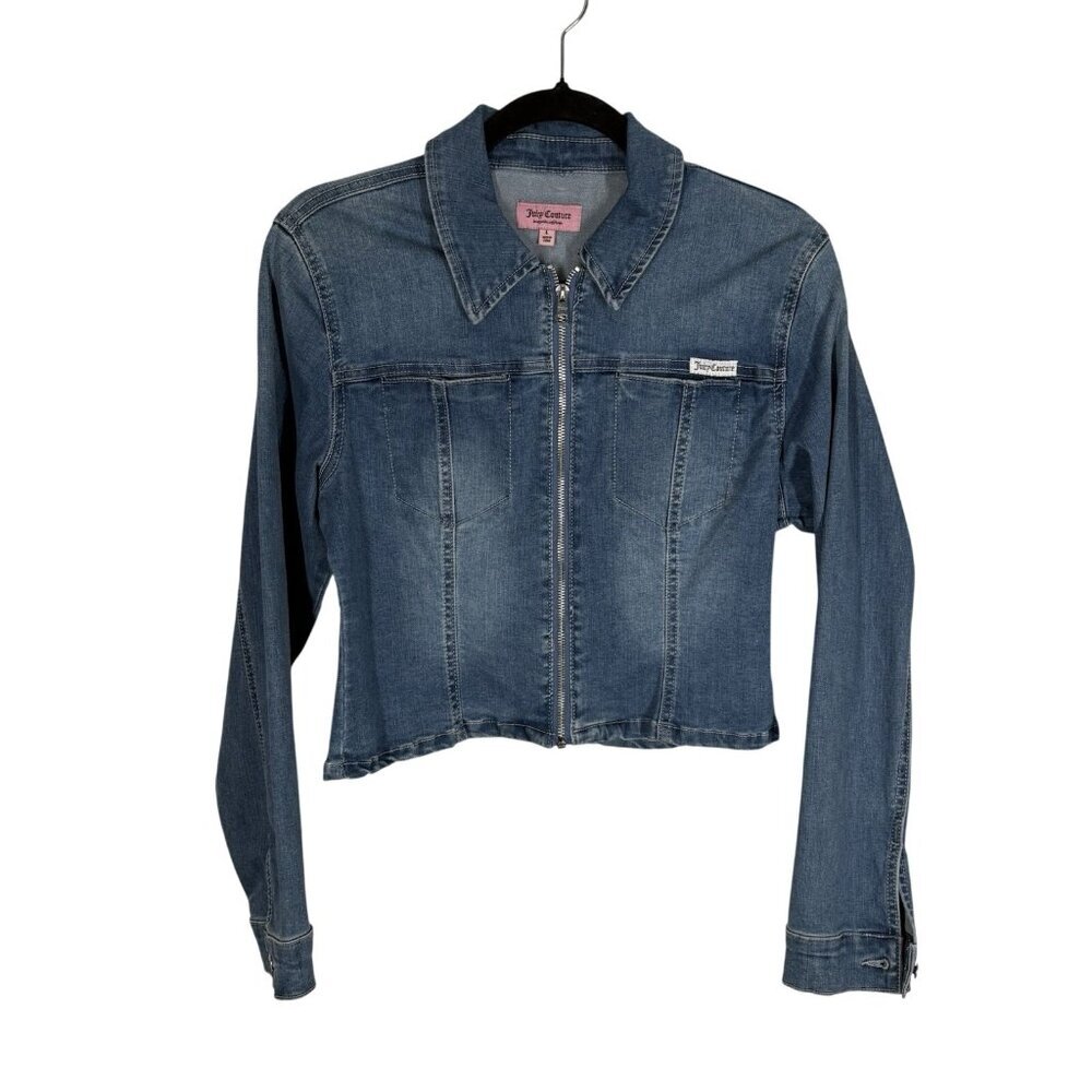 Juicy Couture Women L Zip Front "Juicy" Graphic Back Fitted Cropped Denim Jacket